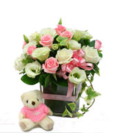 20 Pink,White Roses,Bear,Vase included