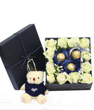 12 White Roses,3 Cholocates,Bear,Gift Box included