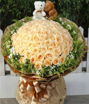 99 champagne roses with gift box, Two cute bears