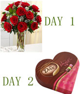 Two Days Delivery,Day 1,12 Roses with Vase.Day 2,Cholocate