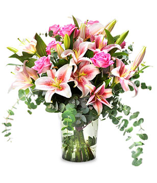 Lady in Pink: roses and lilies,Vase included