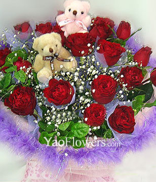 20 Red roses,a pair of bear