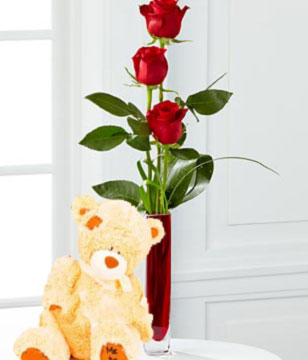 3 Red Roses With Plush Toy