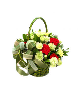 8 Red carnations,18 yellow carnations,green leaves,basket