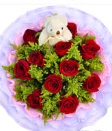 11 red roses, a Bear