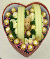 16 White Roses,20 pieces of cholocates,1 bear,Heart-Shaped Box Gift