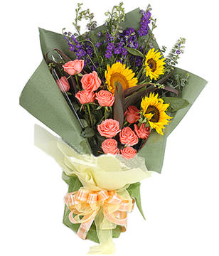 11 pink roses, 3 sunflowers.