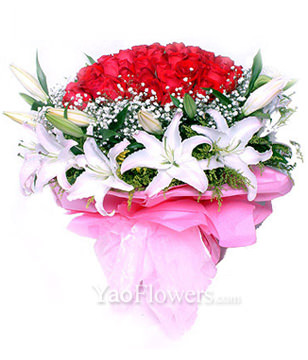 66 red roses,10 white Lilium