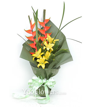 3 yellow lilies with Iris
