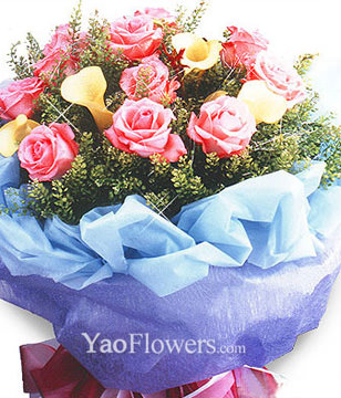 5 yellow zantedeschia,11 pink roses