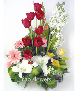 8 tulip,5 pink daisies,2 white lilies