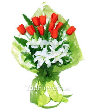 3 white lilium,10 red tulip