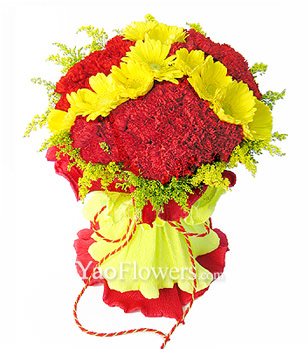 38 red carnations,12 yellow gerbera