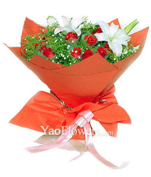 21 red carnations,2 white lilies