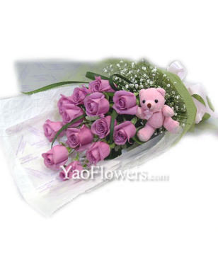 12 Purple roses,a lovely bear