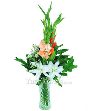 8 Pink gladiolus,White lily,fern maidenhair