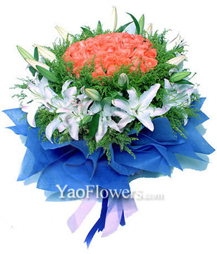 33 Pink roses,11 white lilium