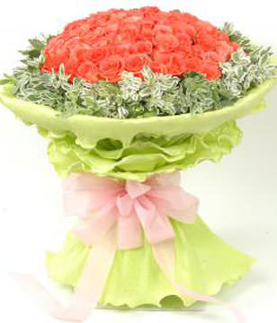 99 pink roses with some gardenia and aspidistra