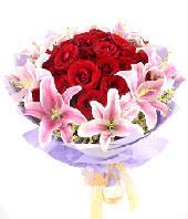 33 red roses with 11 pink lilies around