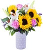 Sunflowers, pink roses, white oriental lilies and limonium with greenery