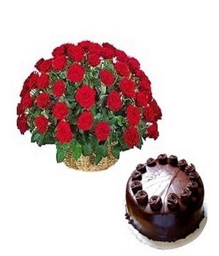 40 red roses in basket with 1/2 kg chocolate cake