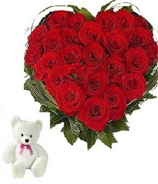 25 Red roses hert shape arrangement with a six inch teddy bear