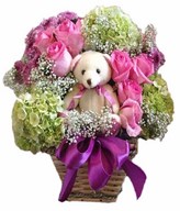 Vase Arrangement of Pink Rose and Hydrangea with Small Teddy Bear