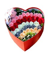 Red, pink, white,blue and champange color roses, total 39 stems, with 2 bears, arranged in a heart box.