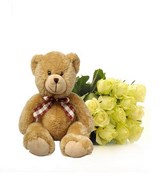 Bouquet of Dozen White Roses and a Bear