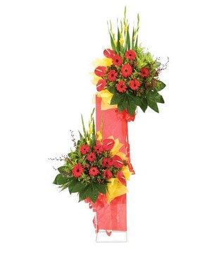 2-tier arrangement with combination of red gerberas and anthurium