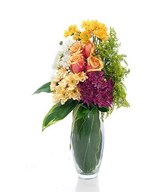 Vase arrangement of mixed Chrysanthemums, Roses, Daisies and Fillers