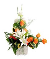 arrangement of orange and white roses with white lily with filler in vase