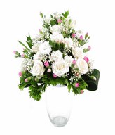 Arrangement of White roses and pink carnation in glass vase