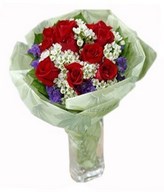 12 Red Roses with White Wax flowers and Forget-me-not Purple