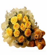 12 Yellow Roses & Bear