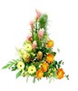Basket of ginger flowers, yellow orange gerberas, decorated with greeneries